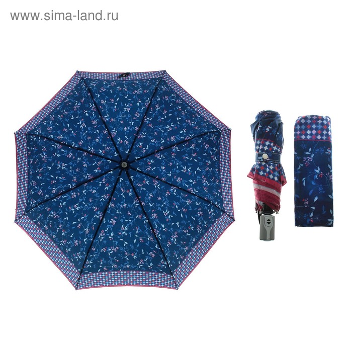 Зонт автоматический "Цветы и орнамент", облегчённый, R=52см, цвет синий
