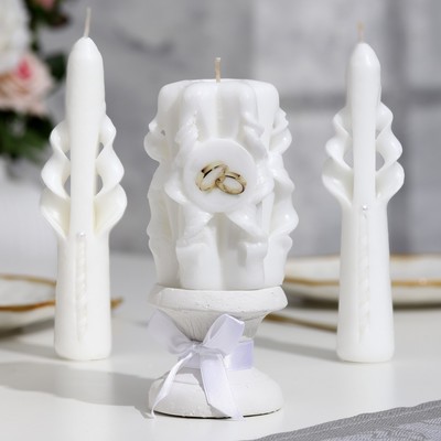 Набор свечей резных с подсвечником "Свадебный", белый: домашний очаг, родительские свечи