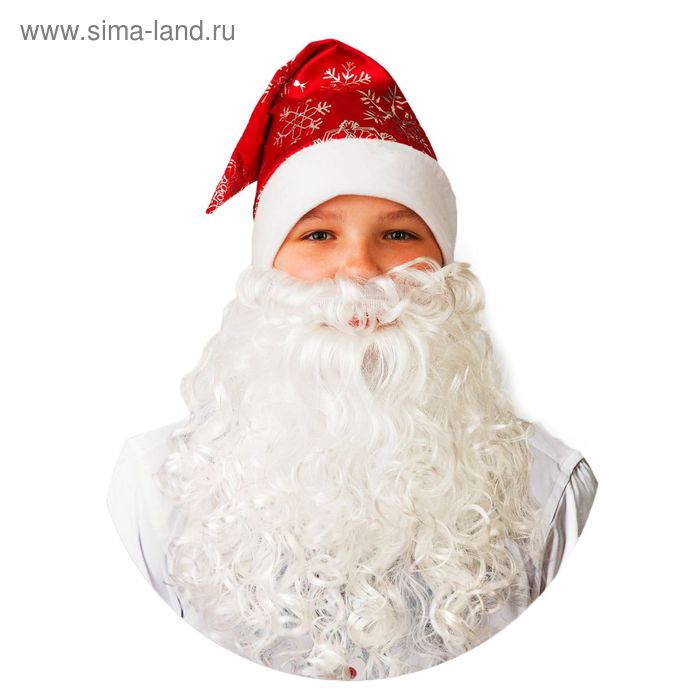 Колпак новогодний с бородой, красный со снежинками, сатин - Фото 1
