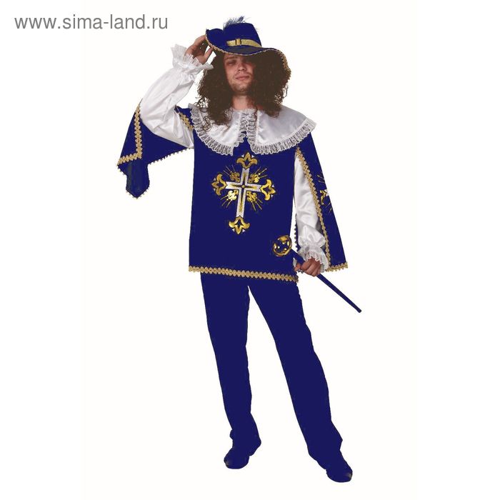 Карнавальный костюм для взрослых «Мушкетёр», бархат, (плащ, парик, шляпа), размер 54, цвет синий - Фото 1