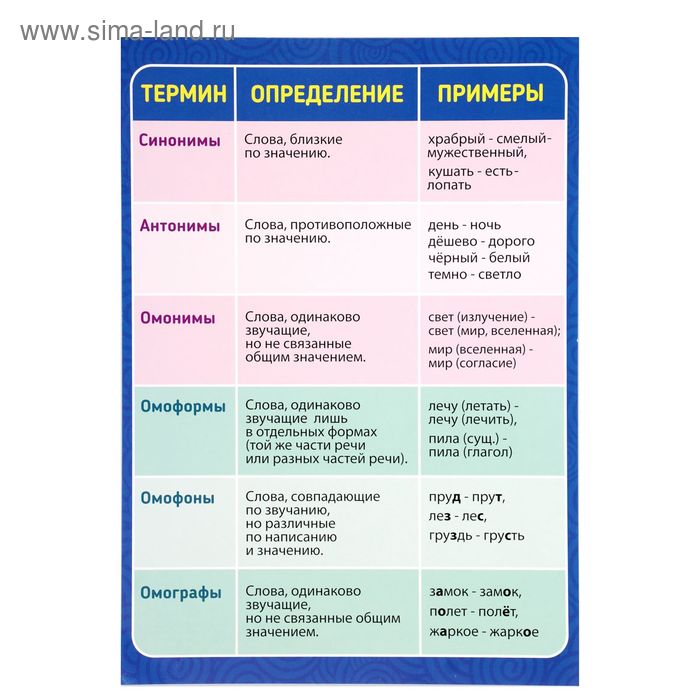 Обучающий плакат А4 "Синонимы, антонимы, омонимы, омофоны" - Фото 1