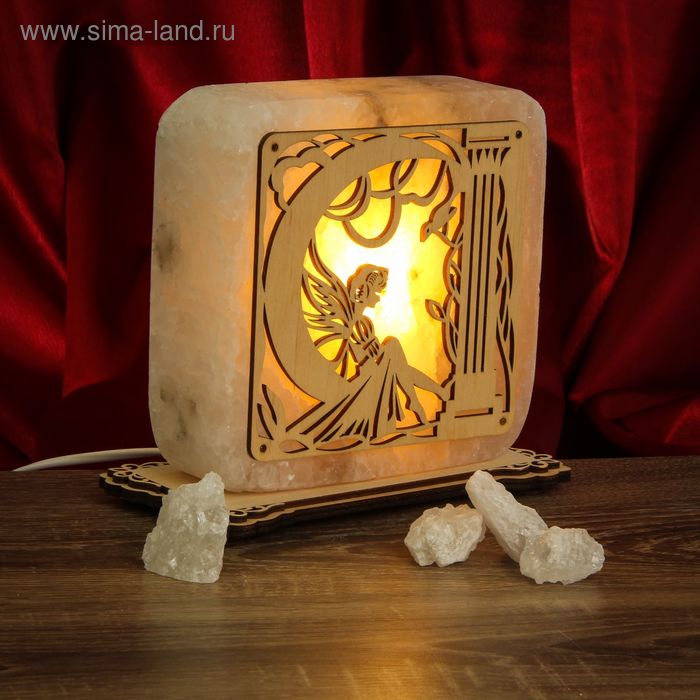 Соляной светильник "Квадрат" с узором фея, деревянный декор, цельный кристалл - Фото 1