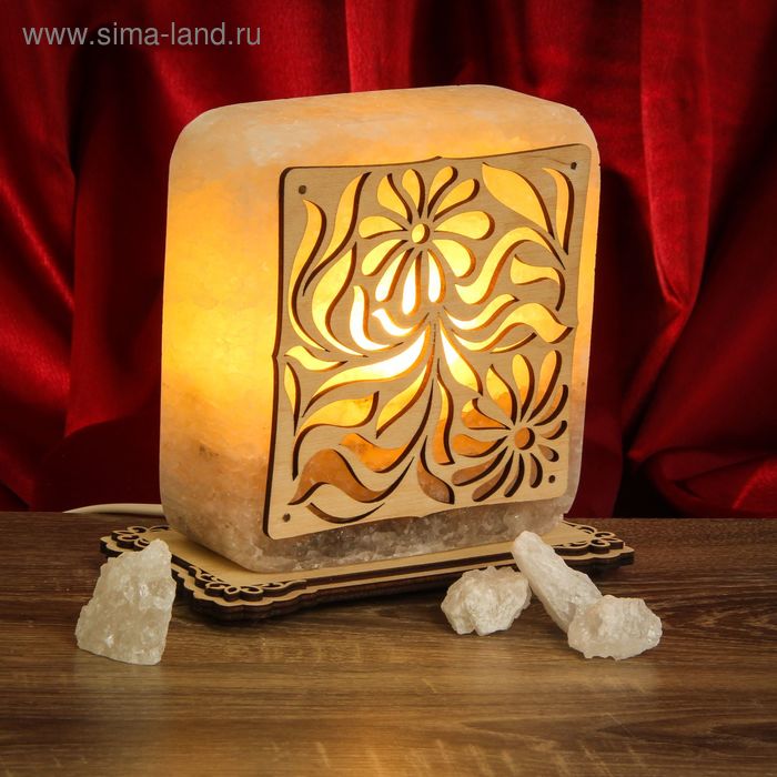 Соляной светильник "Квадрат" с узором, ромашка, деревянный декор, цельный кристалл - Фото 1