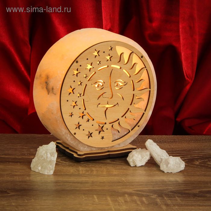 Соляной светильник "Круглый" день-ночь , деревянный декор, цельный кристалл - Фото 1