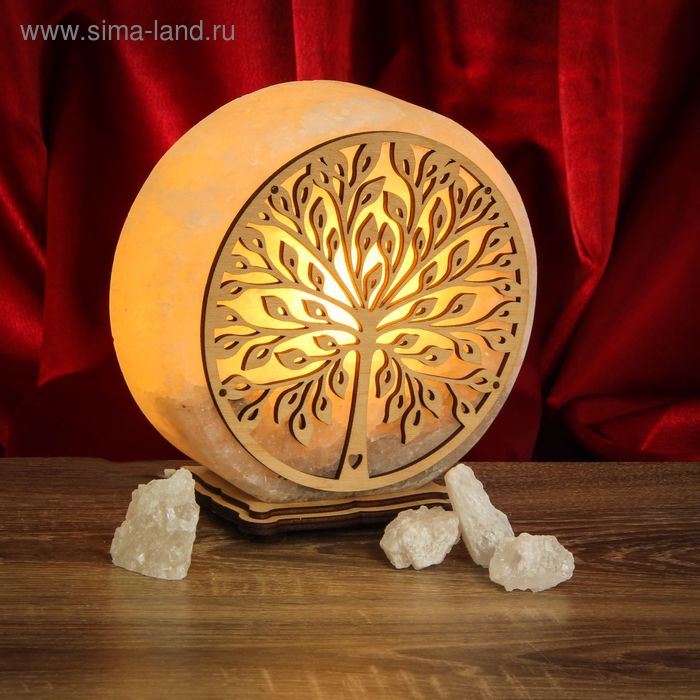 Соляной светильник "Круглое" деревянный декор, цельный кристалл - Фото 1