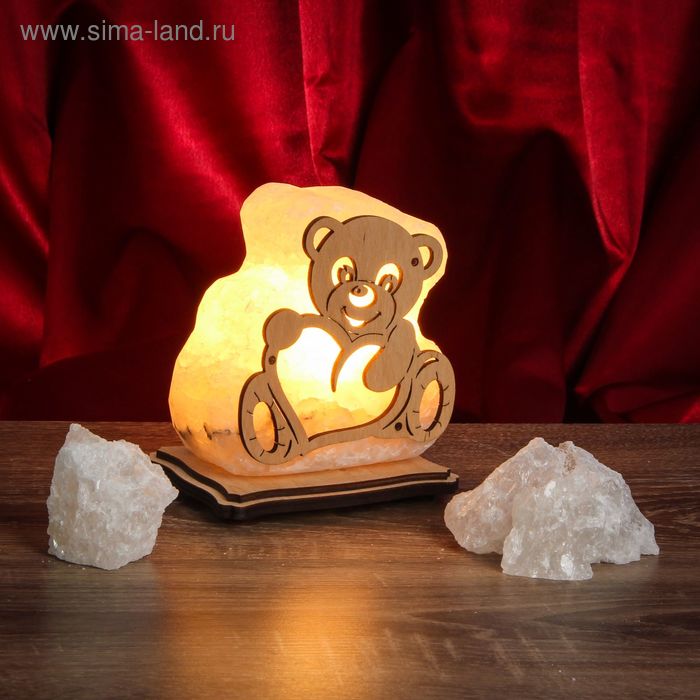 Соляной светильник "Мишка" малый 11х11х6 см, деревянный декор, цельный кристалл - Фото 1