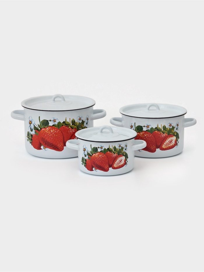 Набор кастрюль эмалированных «Клубника садовая», 3 предмета: 1.5 л, 2.9 л, 4.5 л, белый - Фото 1