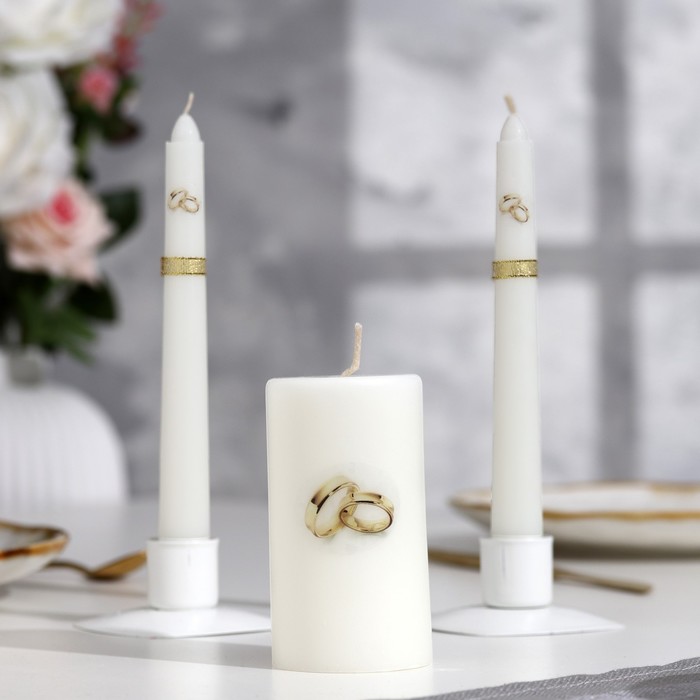 Свеча-цилиндр свадебная "Обручальные кольца", 5х9,5 см, белая, домашний очаг, ручная работа - Фото 1