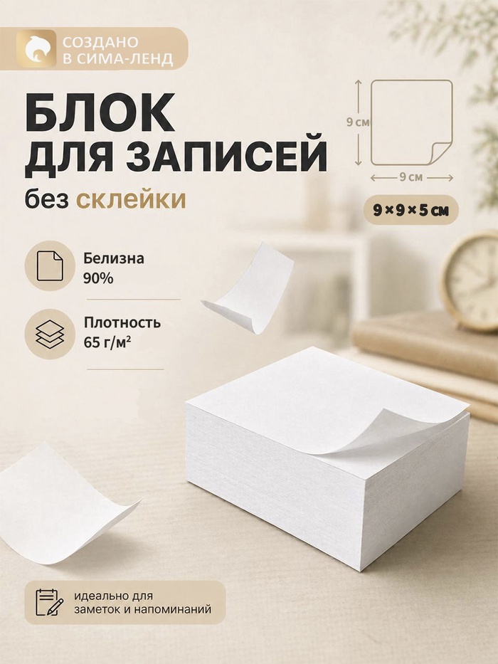 Блок бумаги для записей Calligrata, 9×9×5 см, 65 г/м², 90%, непроклеенный, белый - Фото 1