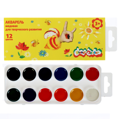 Акварель 12 цветов "Каляка-Маляка", медовая, без кисти, картон