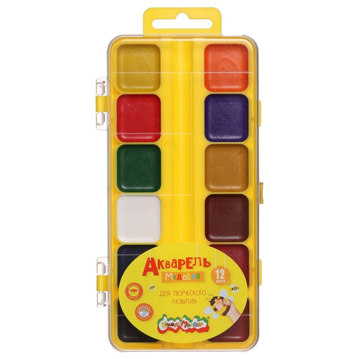 Акварель медовая «Каляка-Маляка», 12 цветов, без кисти, пластик - Фото 1