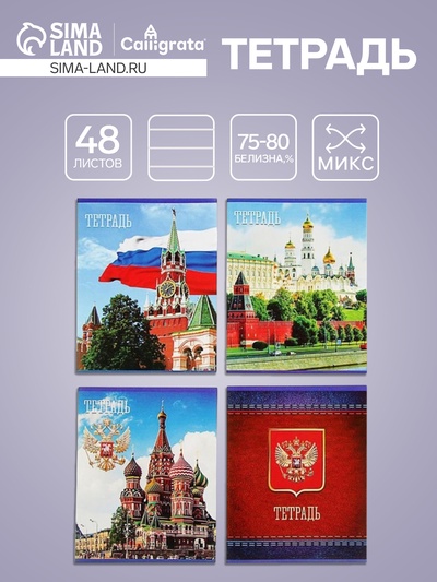 Тетрадь 48 листов в клетку Calligrata «Россия», серые листы, МИКС