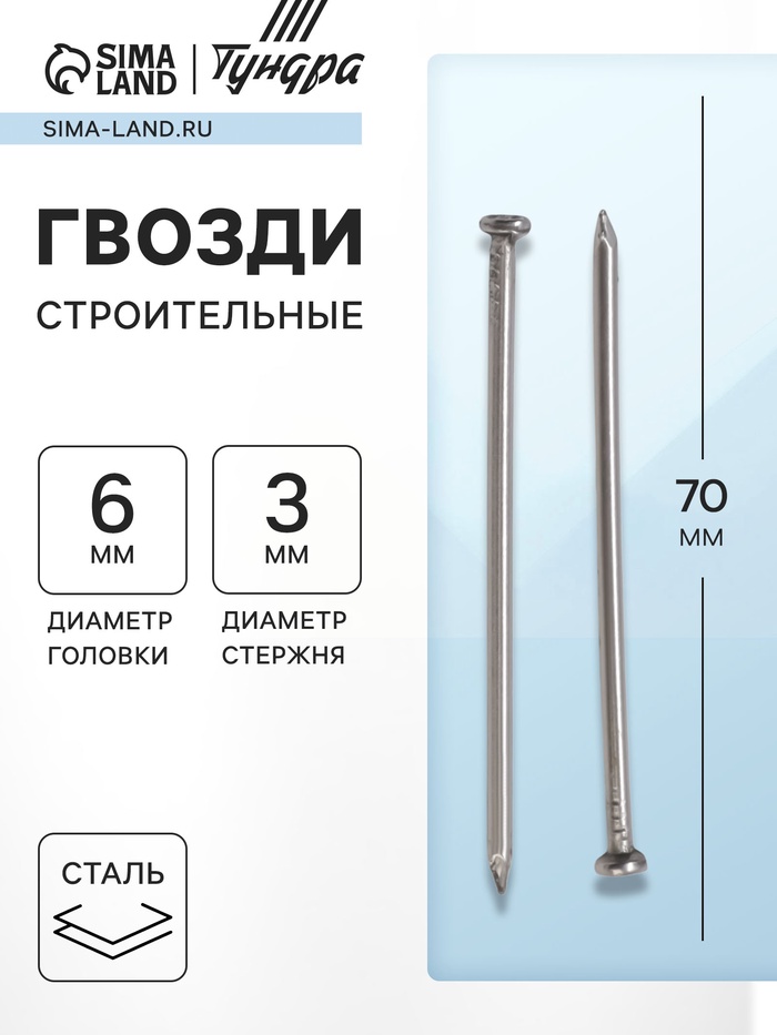 Гвозди ТУНДРА, строительные, ГОСТ 4028-63, без покрытия, 3×70 мм, 5 кг - Фото 1