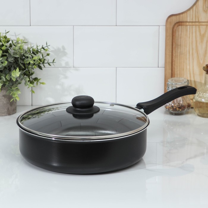 Сотейник Promo, 3,5 л, d=26 см, h=8 см, стеклянная крышка, антипригарное покрытие, чёрный - Фото 1