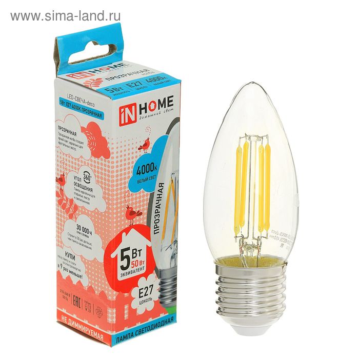 Лампа светодиодная ASD, Е27, 5 Вт, 160-260 В, 4000 К, 450 Лм, прозрачная, "свеча" - Фото 1