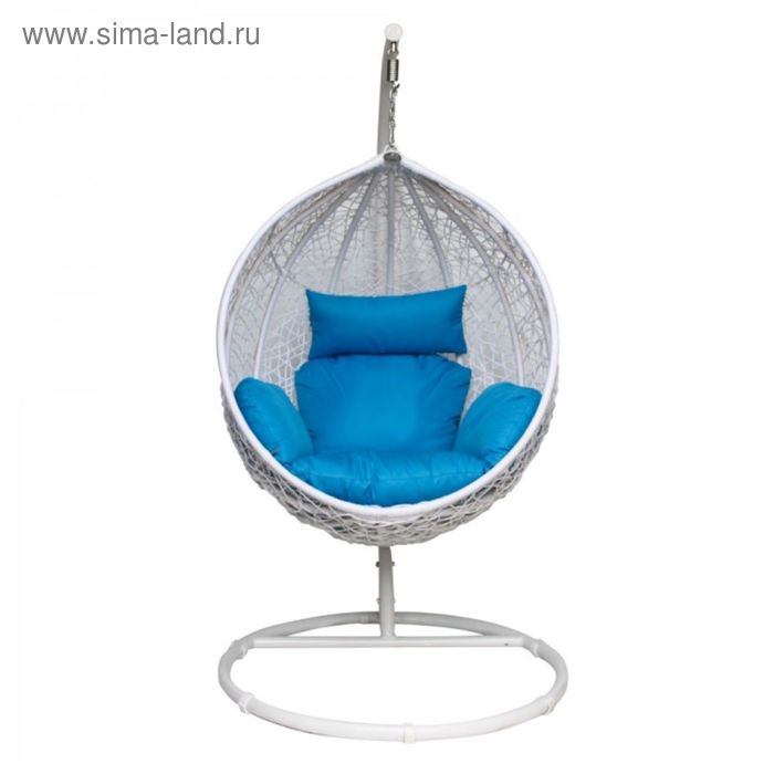 Подвесное кресло-качели на стальной штанге большие, иск. ротанг, белый/голубой - Фото 1
