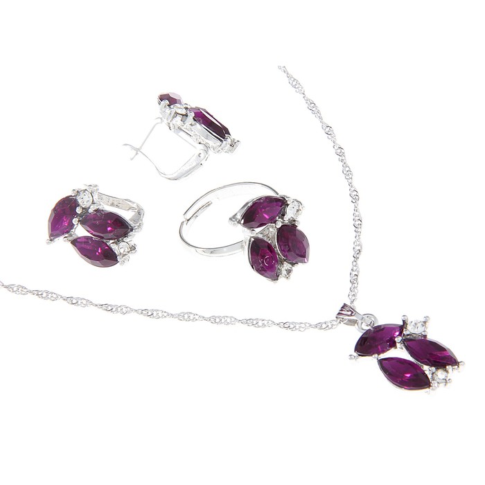Гарнитур 3 предмета: серьги, кулон, кольцо безразмерное "Эдель", листочки, цвет фиолетовый - Фото 1