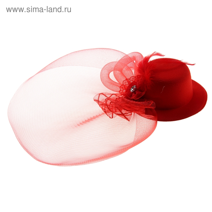 Карнавальный зажим шляпка и вуалетка перо, цвет красный - Фото 1