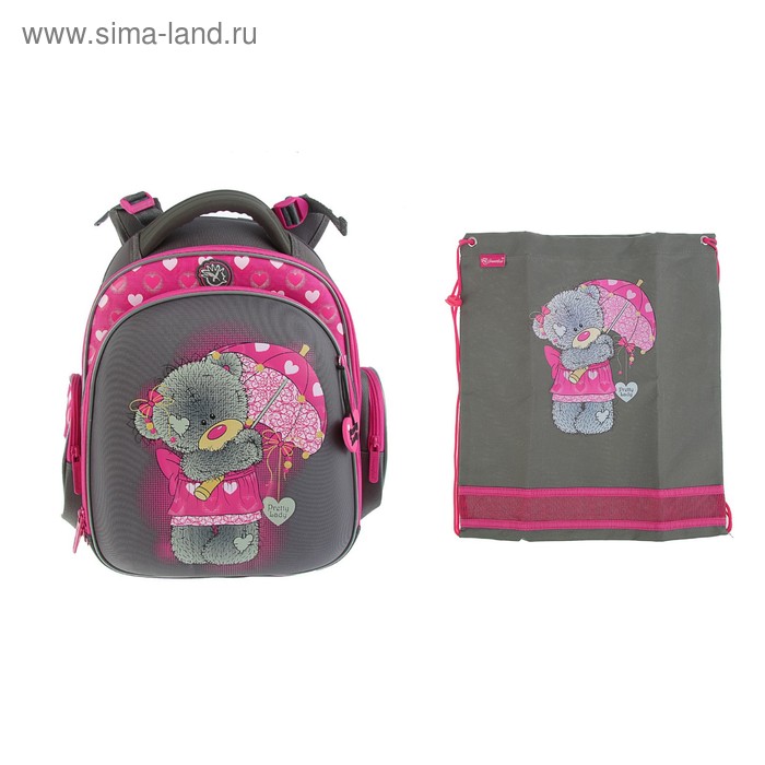 Рюкзак каркасный Hummingbird TK 37 х 32 х 18 см, мешок, для девочки, «Мишка», серый/розовый - Фото 1
