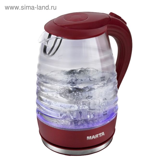 Чайник электрический Marta MT-1084, стекло, 2 л, 2200 Вт, подсветка, красный гранат - Фото 1