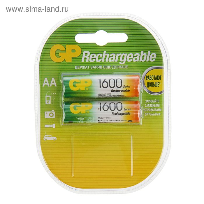 Аккумулятор GP, Ni-Mh, AA, HR6-2BL, 1.2В, 1600 мАч, блистер, 2 шт. - Фото 1