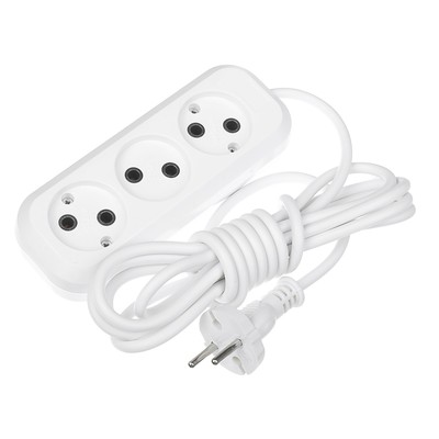 Удлинитель TUNDRA, 3 розетки, 3 м, 10 А, 2200 Вт, ПВС 2х0.5 мм2, без заземления, белый