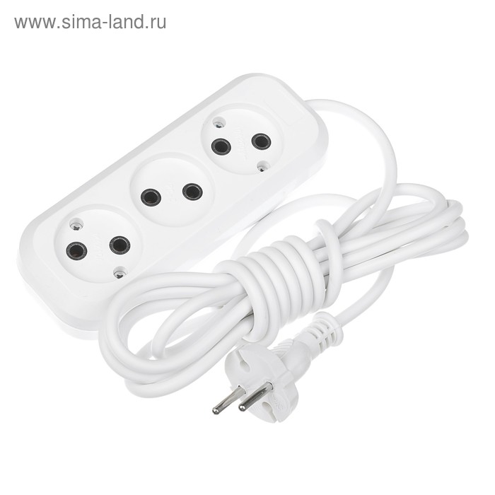 Удлинитель TUNDRA, 3 розетки, 3 м, 10 А, 2200 Вт, ПВС 2х0.5 мм2, без заземления, белый - Фото 1