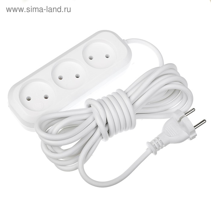 Удлинитель TUNDRA, 3 розетки, 5 м, 10 А, 2200 Вт, ПВС 2х0.5 мм2, без з/к, белый - Фото 1