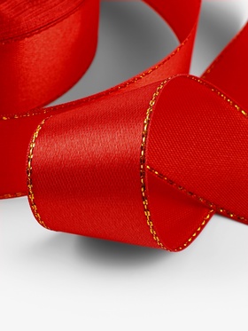 Лента атласная, с золотым люрексом, 25 мм, 23±1 м, красная №026 (комплект 2 шт)