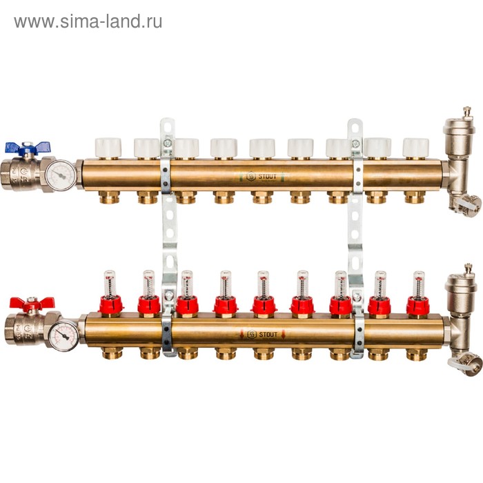 Коллектор распределительный STOUT SMB 0473 000009, 9 выходов, с расходомерами, латунь - Фото 1