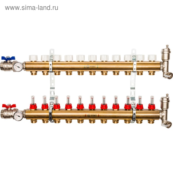 Коллектор распределительный STOUT SMB 0473 000011, 11 выходов, с расходомерами, латунь - Фото 1