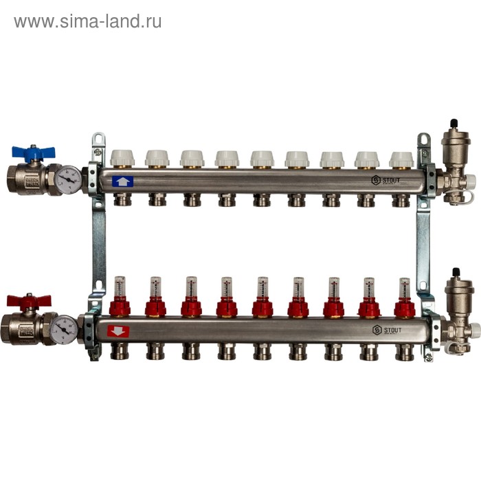 Коллекторная группа STOUT SMS 0907 000009, 1"х3/4", 9 выходов, с расходомерами, нерж. сталь - Фото 1