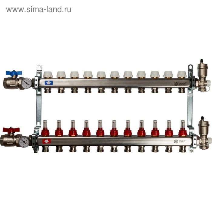 Коллекторная группа STOUT SMS 0907 000011, 1"х3/4", 11 выходов, с расходомерами, нерж. сталь - Фото 1