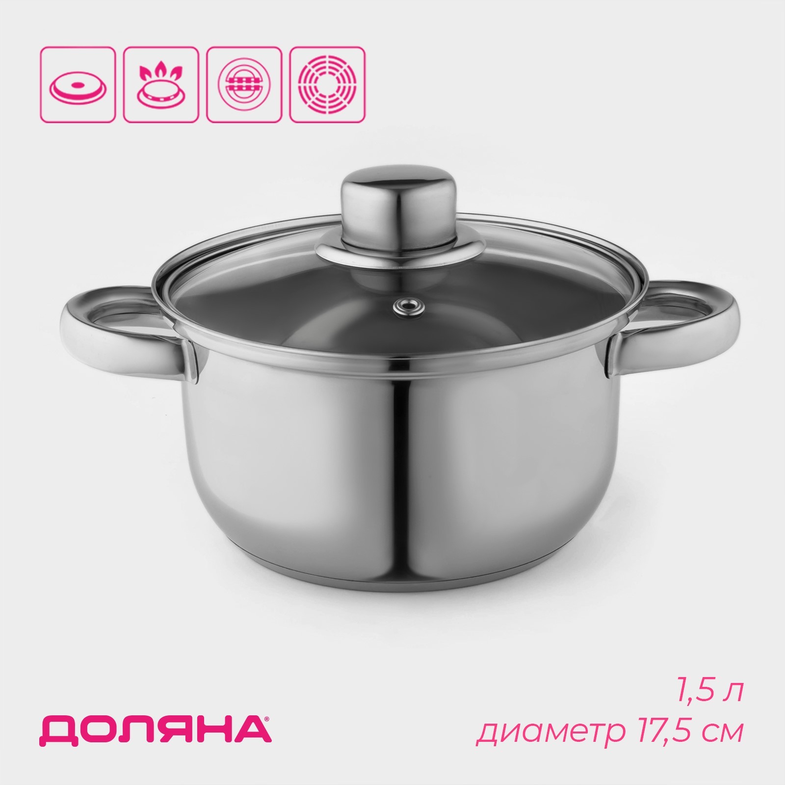 Кастрюля с крышкой из нержавеющей стали Доляна «Классика», 1,5 л, d=17 ...