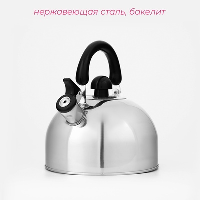 Чайник со свистком Доляна «Чёрная ночь», 3 л, нержавеющая сталь, фиксированная ручка, хромированный