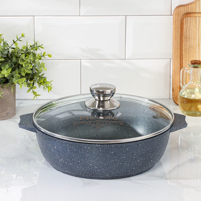 Жаровня Мечта «Гранит», 3 л, d=26 см, h=8 см, антипригарное покрытие, стеклянная крышка, серая - Фото 1