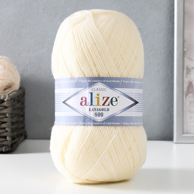 Пряжа "Lanagold 800" 49% шерсть, 51% акрил 730м/100гр (01 кремовый)