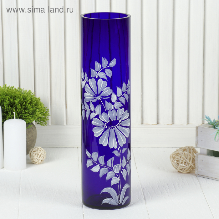 ваза "Цилиндр" d 80*h 300 мм. из синего стекла (ручная роспись) рис. № 8 (Бел.) - Фото 1