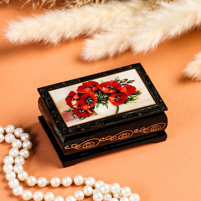 Шкатулка для украшений «Маки в вазе», 6×9 см, лаковая миниатюра - Фото 1