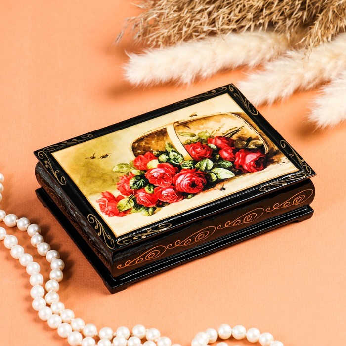 Шкатулка «Розы в корзинке», 10×14 см, лаковая миниатюра - фото 1906859738