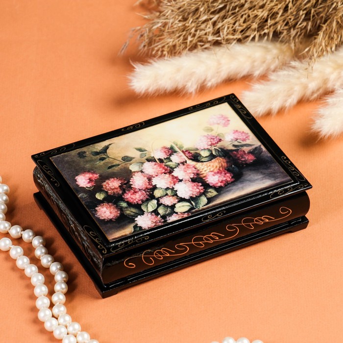 Шкатулка «Розовые цветы в корзине», 10×14 см, лаковая миниатюра - фото 1906859744