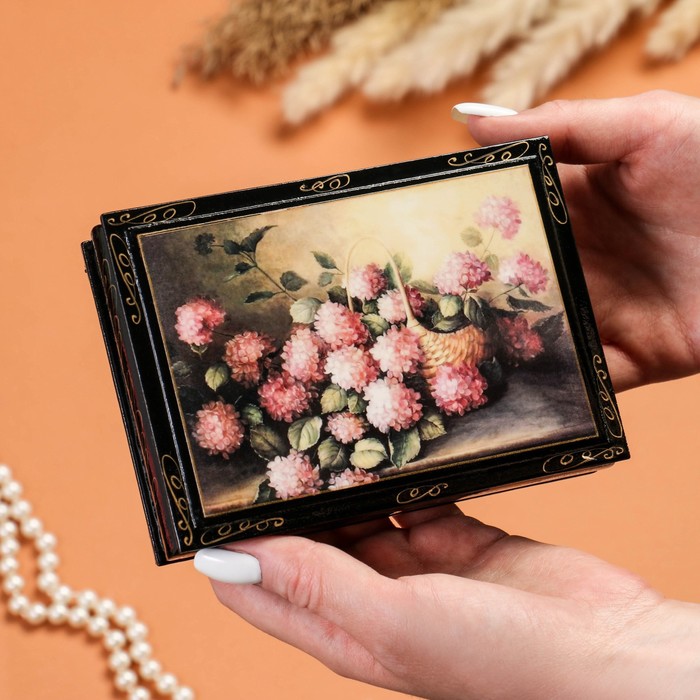 Шкатулка «Розовые цветы в корзине», 10×14 см, лаковая миниатюра - фото 1906859745