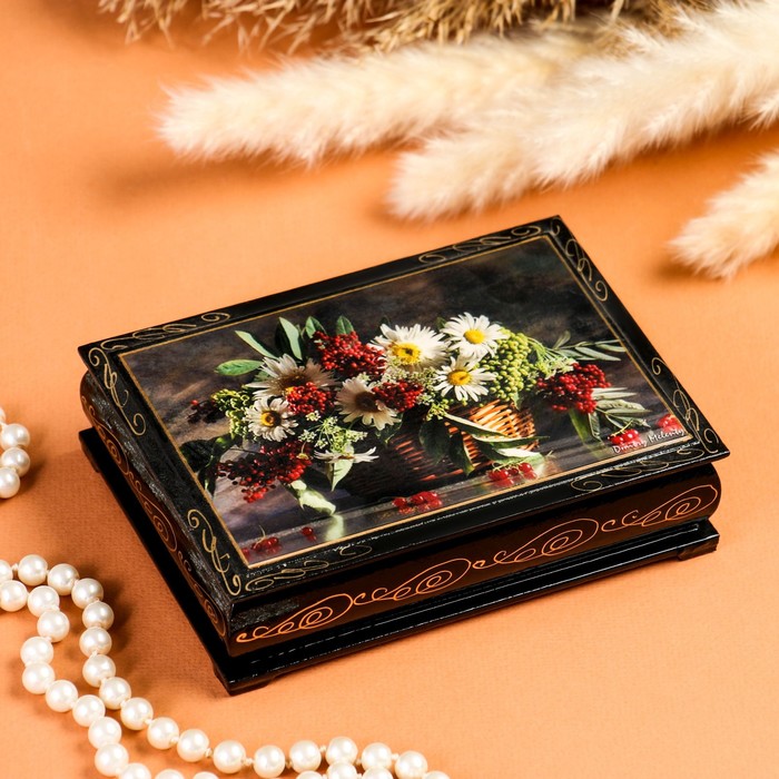 Шкатулка «Ромашки с ягодами в корзине», 10×14 см, лаковая миниатюра - фото 1906859747