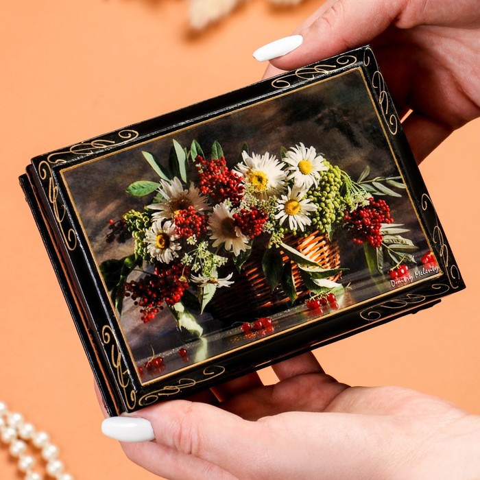 Шкатулка «Ромашки с ягодами в корзине», 10×14 см, лаковая миниатюра - фото 1906859749