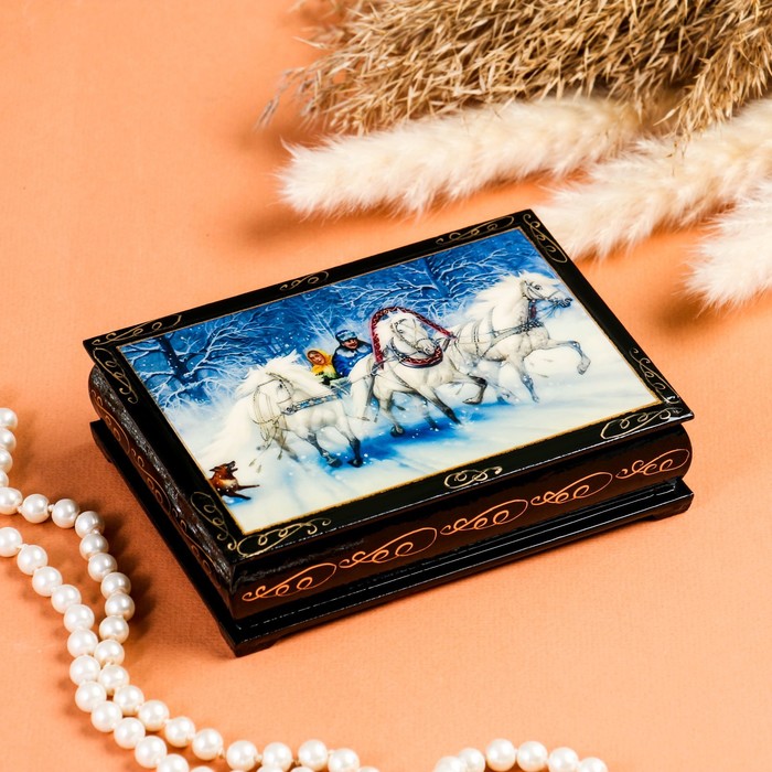 Шкатулка «Зимняя тройка», 10×14 см, лаковая миниатюра - фото 1906859750