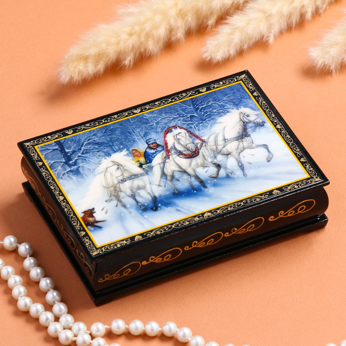 Шкатулка «Зимняя тройка», 10×14 см, лаковая миниатюра - фото 1906859753