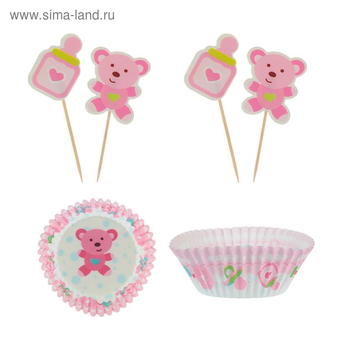 Украшение для кексов "Малыш мишутка", набор 24 пики, 24 формочки, цвет розовый - Фото 1