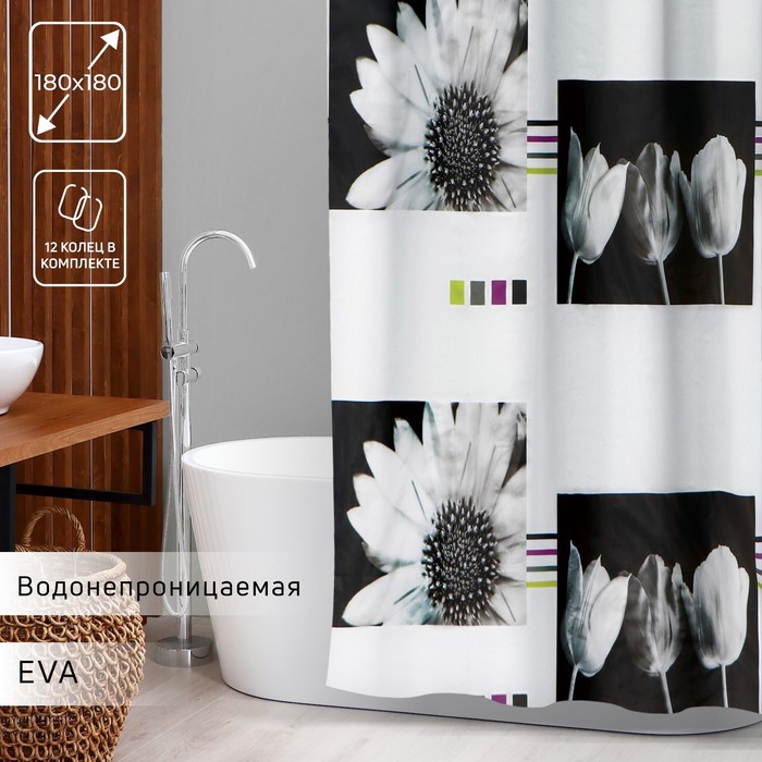 Штора для ванной Доляна «Белые цветы», 180×180 см, EVA - Фото 1