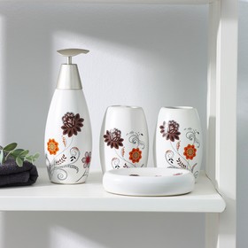 Набор аксессуаров для ванной комнаты Доляна «Орнамент», 4 предмета (дозатор 300 мл, мыльница, 2 стакана), цвет белый