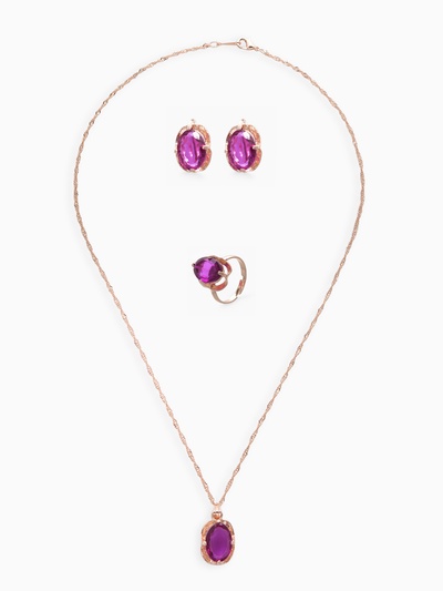 Гарнитур 3 предмета: серьги, кулон, кольцо безразмерное «Эдель» классик, цвет фиол в золоте, 45 см